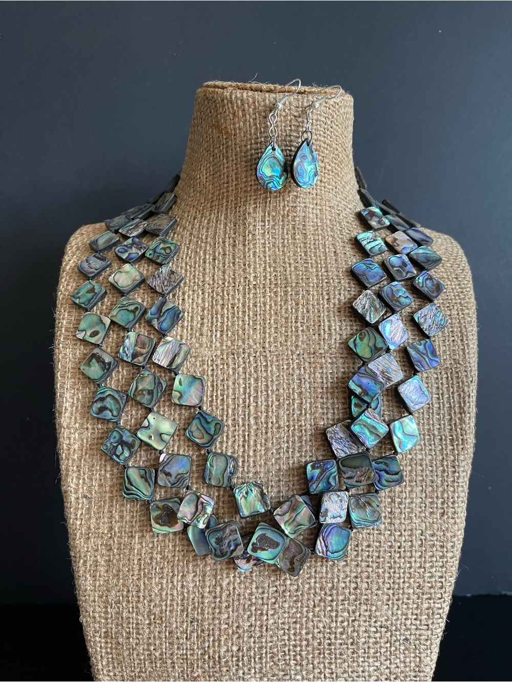 Elegant 3 strand Abalone  shell necklace & earrings sets.